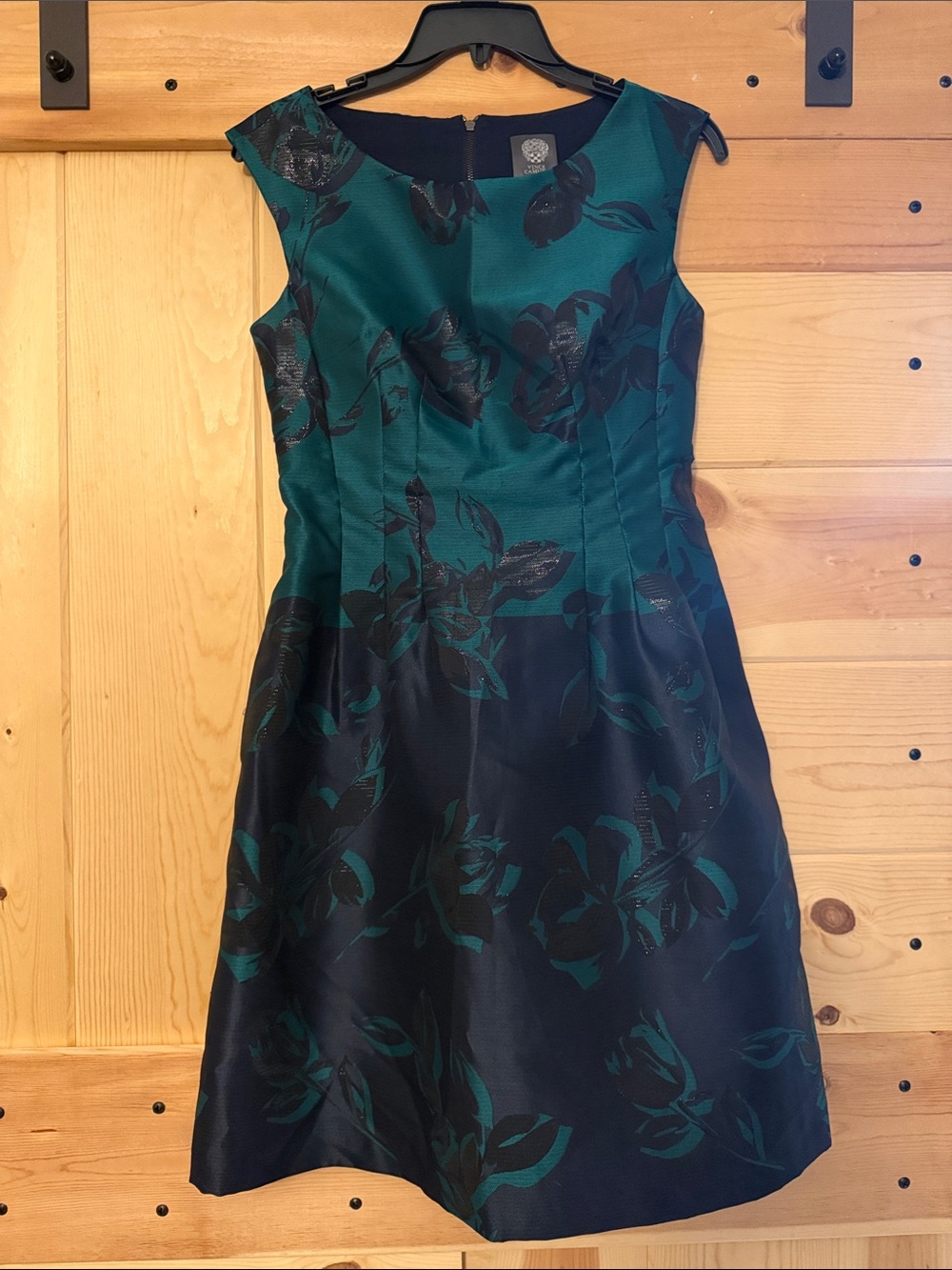 Vince Camuto Teal and Black Floral Fit-and-Flare Dress